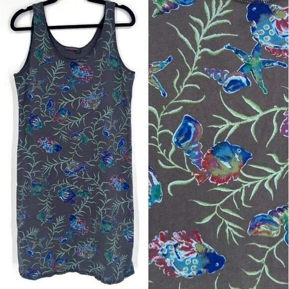 Fresh Produce Fish Print‎ Midi DRESS Small Gray Blue Coastal Tropical Resort - Picture 1 of 14